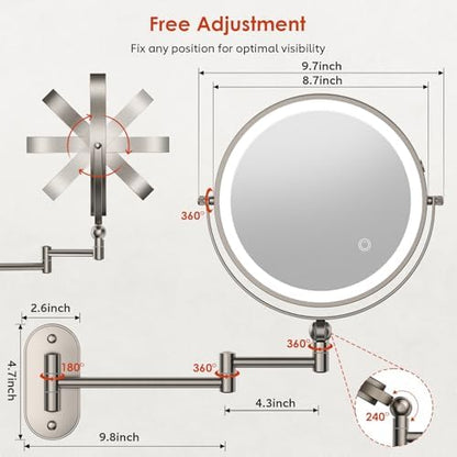 ZLOKLA 9" Wall Mounted Lighted Makeup Mirror,4000mAh Rechargeable Double Sided 1X/20X Magnifying Mirror with Light,Touch Dimmable,Extended Arm 360 Rotation Wall Mounted Makeup Mirror 3 Color Lights-N