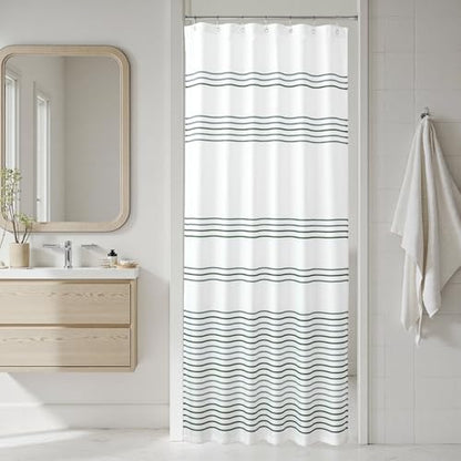 jinchan Small Stall Shower Curtain 36x72 inches Green and White Modern Farmhouse Striped Waterproof Fabric Shower Curtains for Bathroom with 7 Hooks Machine Washable