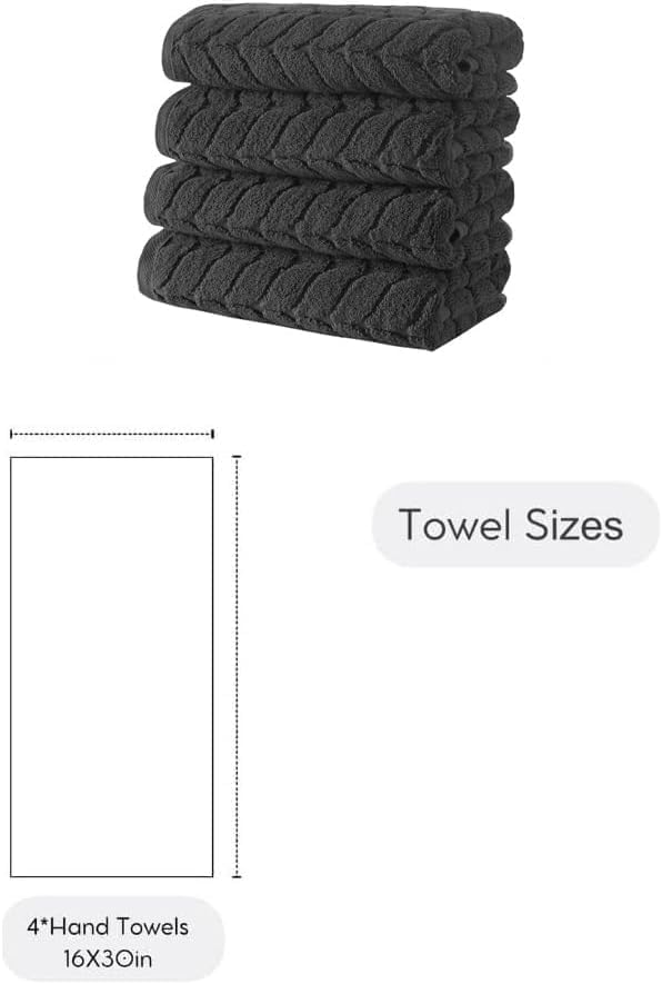 BAGNO MILANO Turkish Cotton Bath Towels, Hand Towels - Soft Plush Jacquard Collection Luxury Towels Set (Charcoal, Hand Towel Set of 4)