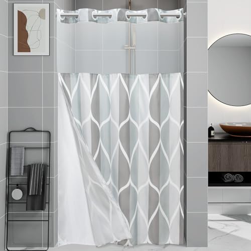 Yiatn Gray No Hook Shower Curtain with Snap-in Liner, 54 x 80 Inch
