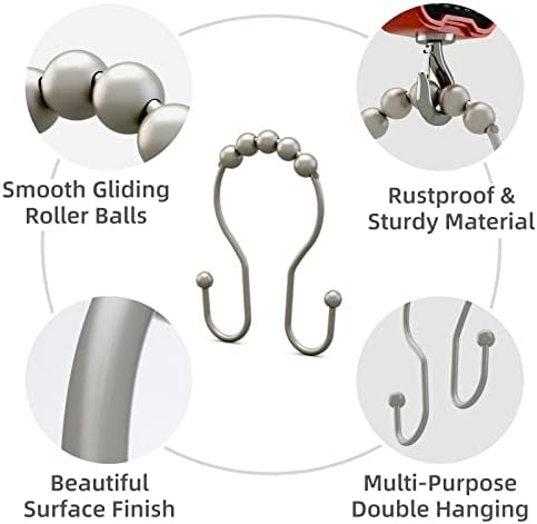 Bathway Shower Curtain Hooks Rust Proof Shower Curtain Rings, Smooth Glide Double Hook Shower Curtain Hooks,Shower Hooks for Shower Curtain Matte Nickel Shower Rod Hooks Shower Curtain Hangers 12Pcs