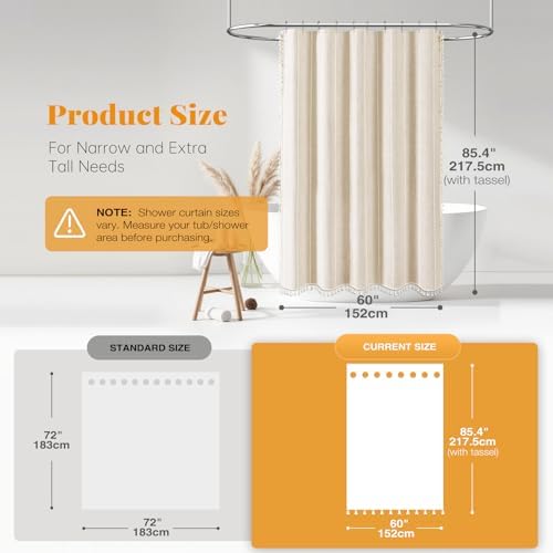 BTTN 60 x 84 Boho Linen Heavy Duty Cloth Shower Curtain Set, Cream/Beige