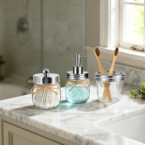 Amolliar Glass Mason Jar Bathroom Accessories Set 4 Pcs (Brushed Nickel)