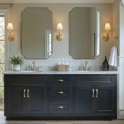 MIRRORART Brushed Gold Mirror 24x40'', Oblong Brass Scalloped Mirrors for Bathroom, Rounded Notched Corner Rectangle Mirror in 1’’ Stainless Steel Metal Frame Hang Vertical/Horizontal for Home Remodel