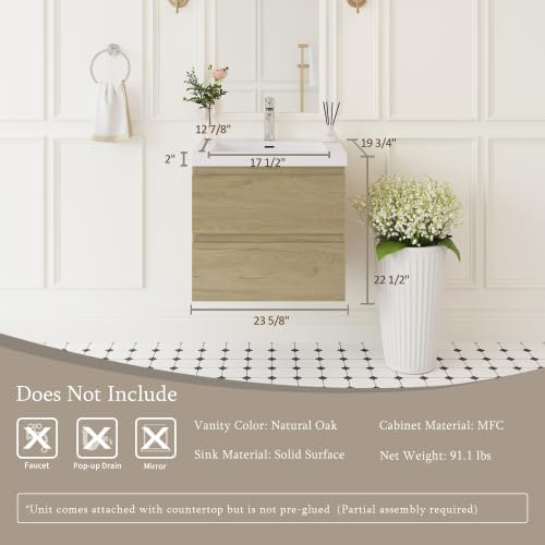 KEIKI 24'' Wall-Mounted Bathroom Vanity with Sink - Floating Design, 2 Soft-Close Drawers & Resin Basin, Space-Saving for Small Bathrooms, Natural Oak