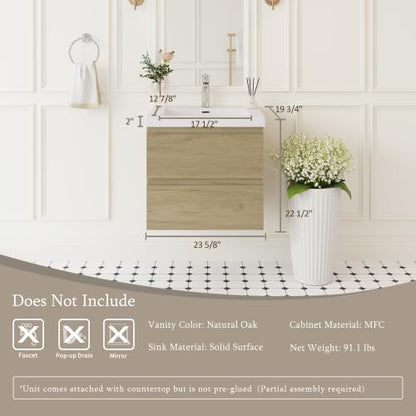 KEIKI 24'' Wall-Mounted Bathroom Vanity with Sink - Floating Design, 2 Soft-Close Drawers & Resin Basin, Space-Saving for Small Bathrooms, Natural Oak