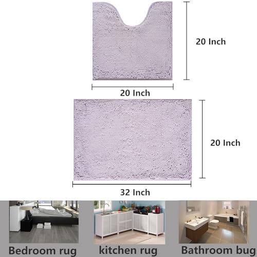 Bathroom Rugs Chenille, Extra Thick and Absorbent, Non-Slip, Machine Washable, Dry Quckily, Soft Cozy Plush, Used Under Shower Bathtub and Sink, Bath Mat Sets Lavender