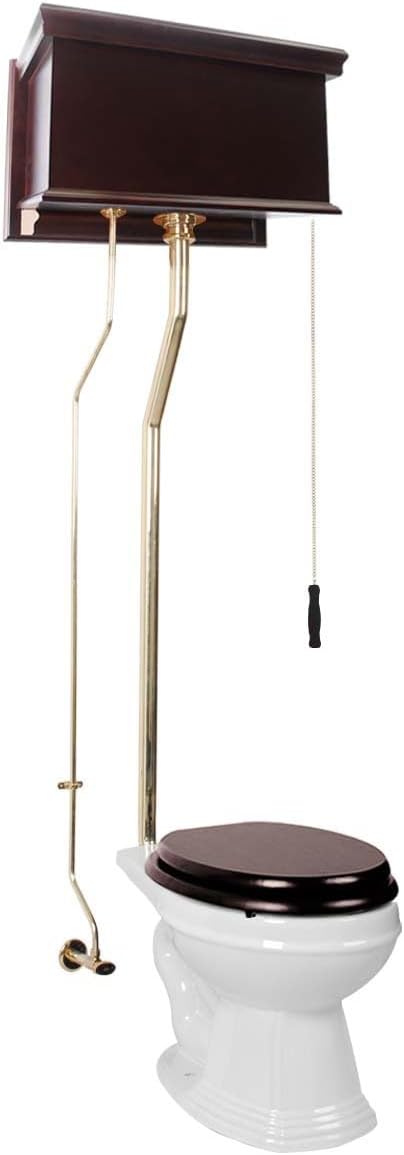 Renovators Supply Manufacturing High Tank Pull Chain Toilet With Dark Oak Wooden Flat High Tank 70 In. To 74 In. Adjustable Height Brass L Pipe And Elongated Toilet Bowl