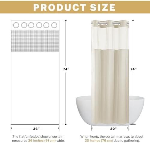 WONICY No Hook Small Shower Curtain with Snap-in Liner, Cream, 36 x 74