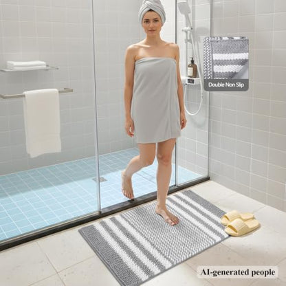 BSICPRO Bathroom Rugs Sets 2 Piece, Non Slip Striped Bath Mats, Light Grey