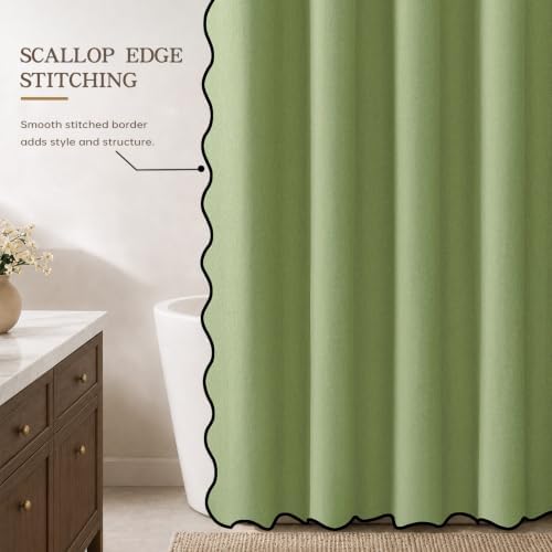Furlinic Scalloped Linen Shower Curtain No Hook Sage Green Extra Long 72x84