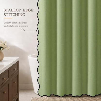 Furlinic Scalloped Linen No Hook Shower Curtain Sage Green Waterproof 72x75