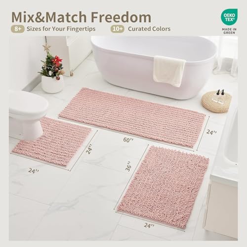 Bathroom Rugs Non Slip Washable 36x24, Extra Thick Soft Chenille Absorbent Bath Mat, High Density Barrier Non Slip Backing, Quick Dry Plush Shaggy Floor Carpet for Tub&Shower, Pink
