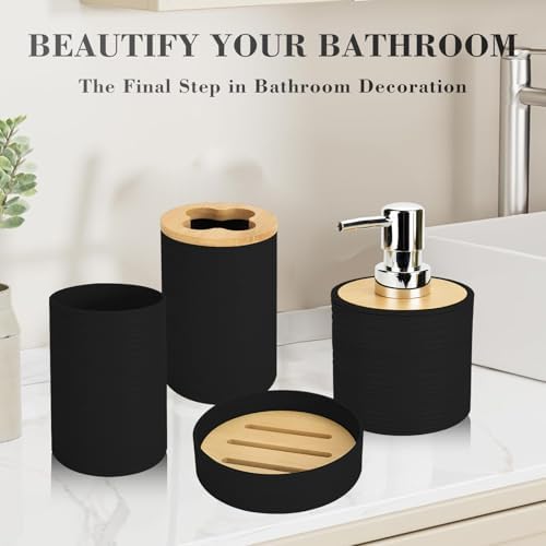 4PCS Black Bathroom Set, Soap Dispenser, Dish & Bamboo Holder, Rustic