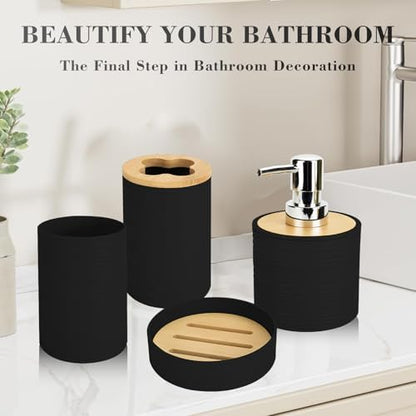 4PCS Black Bathroom Set, Soap Dispenser, Dish & Bamboo Holder, Rustic