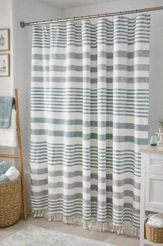 Serafina Home Teal Green & White Striped Cotton Shower Curtain with Fringe