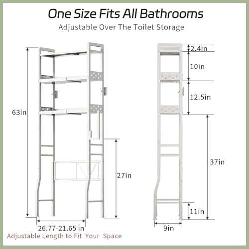 Over the Toilet Storage Shelf 3-Tier Adjustable Bathroom Organizers and Storage Shelves Bathroom Rack Above Toilet Storage with Paper Holder and 4 Hooks Space Saver Storage for Laundry