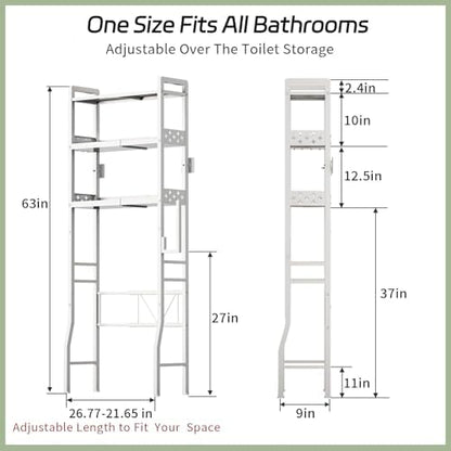 Over the Toilet Storage Shelf 3-Tier Adjustable Bathroom Organizers and Storage Shelves Bathroom Rack Above Toilet Storage with Paper Holder and 4 Hooks Space Saver Storage for Laundry