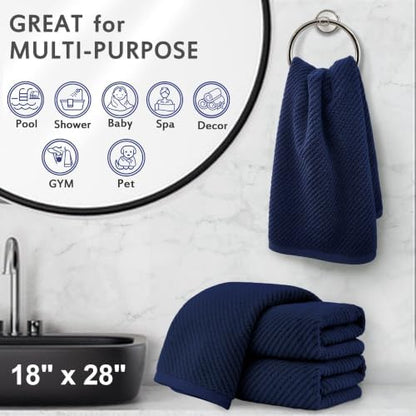 VOOVA & MOVAS Hand Towels 4PC, 100% Cotton, 18x28 in, Navy Blue
