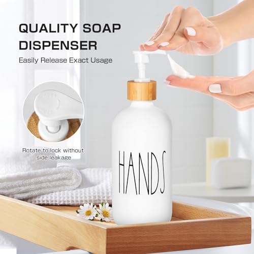 White Bathroom Accessories, 5 Pcs Glass Bathroom Accessory Set with Bamboo Tray, Soap Dispenser and Toothbrush Holder Set, Qtip and Cotton Ball Holder, Farmhouse Boho Bathroom Set Complete