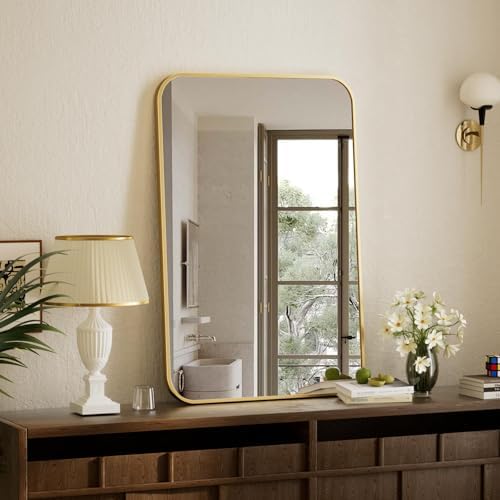 BEAUTYPEAK 20" x 28" Rectangular Aluminum Alloy Frame Wall Mounted Bathroom Mirror with Rounded Corners, Gold