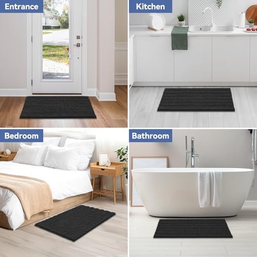 Bcoimo Bath Rug Mat,36x24 Chenille Non Slip Black Bathroom Floor Shower Mat