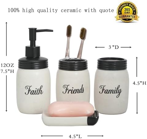 Mason jar Bathroom Accessories Set with Sweet Quote Ceramic Bathroom Tooth Brush Holder 4pc Set Farmhouse Bathroom Gift and Decor (Faith Family Friends)