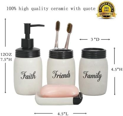 Mason jar Bathroom Accessories Set with Sweet Quote Ceramic Bathroom Tooth Brush Holder 4pc Set Farmhouse Bathroom Gift and Decor (Faith Family Friends)