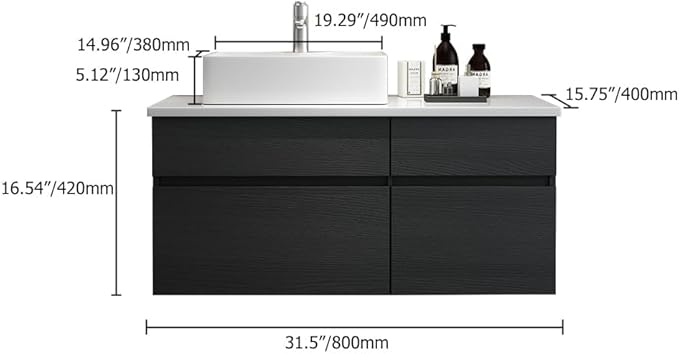 Bathroom Vanity Floating Bathroom Sink Cabinet with Ceramic Vessel Sink Wall Mounted Floating Vanity (Black & White, 31.5" W)