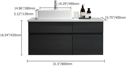 Bathroom Vanity Floating Bathroom Sink Cabinet with Ceramic Vessel Sink Wall Mounted Floating Vanity (Black & White, 31.5" W)