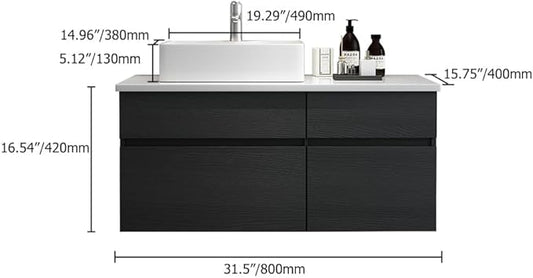 Bathroom Vanity Floating Bathroom Sink Cabinet with Ceramic Vessel Sink Wall Mounted Floating Vanity (Black & White, 31.5" W)