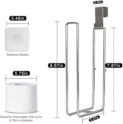 Bathroom Toilet Paper Holder with Storage Extra 2 Rolls, Over the Tank Toilet Paper Holder Wall Mount, Small Restroom Organizer, Adhesive RV Tissue Storage, Stainless Steel, Silver, 1PC