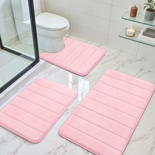 BYSURE Pink Memory Foam Bathroom Rug Set 17"x24"+20"x32"+U20 x24