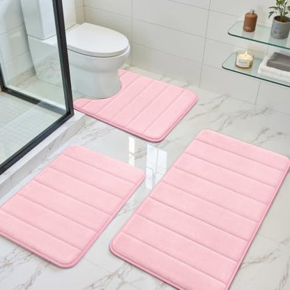 BYSURE Pink Memory Foam Bathroom Rug Set 17"x24"+20"x32"+U20 x24