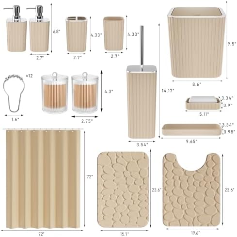 XLHOMO Bathroom Accessories Set - 25PC Bathroom Sets with Shower Curtain and Rugs, Beige Bathroom Set with Trash Can, Soap Dispenser, Soap Dish & Toilet Brush