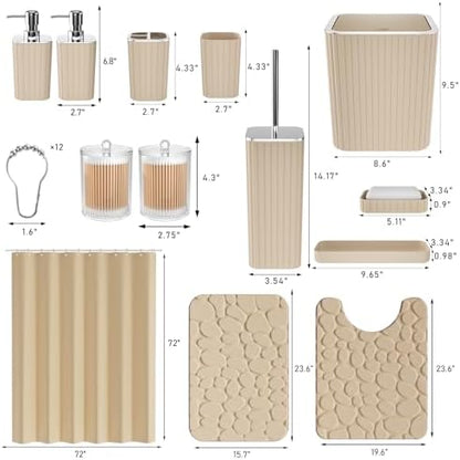 XLHOMO Bathroom Accessories Set - 25PC Bathroom Sets with Shower Curtain and Rugs, Beige Bathroom Set with Trash Can, Soap Dispenser, Soap Dish & Toilet Brush