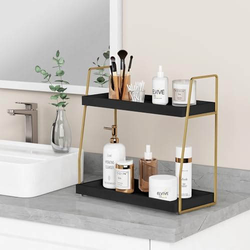 Forbena Black and Gold Bathroom Organizer Countertop, 2 Tier Counter Organizer for Bathroom Decor, Modern Sink Shelf Organizers for Vanity Storage, Make upTray for Makeup Bedroom