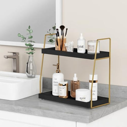Forbena Black and Gold Bathroom Organizer Countertop, 2 Tier Counter Organizer for Bathroom Decor, Modern Sink Shelf Organizers for Vanity Storage, Make upTray for Makeup Bedroom