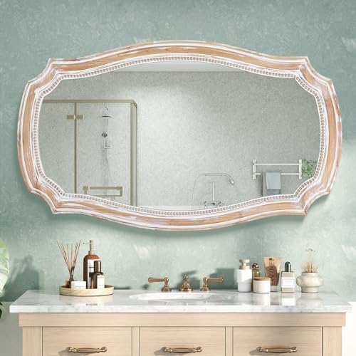 36x24 Inch Rustic Scalloped Wall Mirror, Distressed Wooden Beaded Mirrors