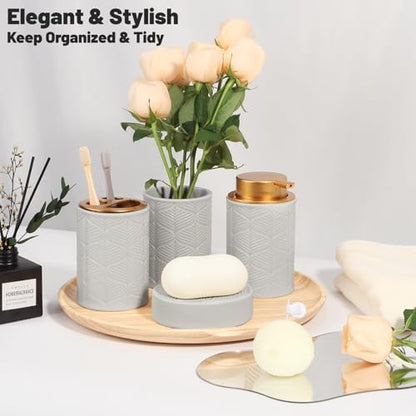 Kukikan Ceramic Bathroom Accessories Set, 4 Pcs-Includes Lotion Soap Dispenser, Toothbrush Holder, Vanity Tray, and Tumbler, Modern Bathroom Decor Organizer with Soap Dish, Apothecary Jar, Grey Color