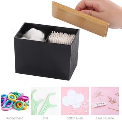 Qtip Holder with Bamboo Lids, 3 Compartments Cotton Ball/Swabs Dispenser, Apothecary Jar Plastic Container for Storage and Organizer (Black)