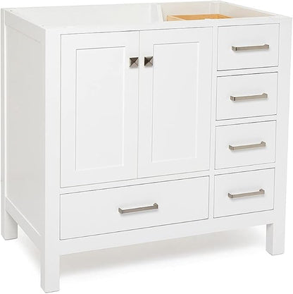 ARIEL Cambridge 36-inch Bathroom Vanity Base Cabinet,Solid Wood, 2 Soft Closing Doors, 5 Dovetail Drawers, White
