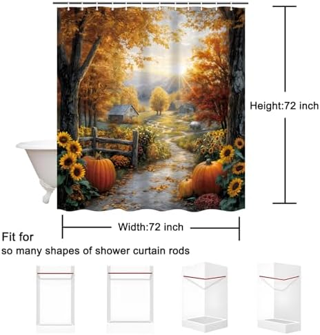 Fall Shower Curtain, Autumn Pumpkin Tree Bathroom Decor, 72 x 72 Inch Polyester Fabric Waterproof Bathroom Curtain with 12 Hooks
