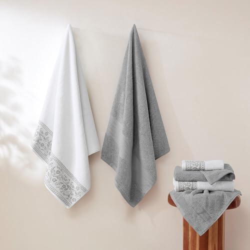 Modern Threads Allie 6-Piece 100% Cotton Towel Set – Jacquard Floral Border – Includes 2 Bath Towels, 2 Hand Towels, 2 Washcloths – Absorbent, Quick Dry, Soft & Durable – Gray