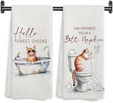 Hello Sweet Cheeks Orange Cat Bathroom Hand Towels, Cat Lover Gifts, Funny Cute Kitten Bathing Decorative Hand Towels for Bathroom Washroom Toilet Restroom, 16x24 Inch Set of 2