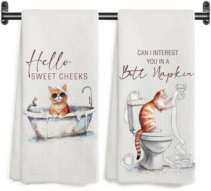 Hello Sweet Cheeks Orange Cat Bathroom Hand Towels, Cat Lover Gifts, Funny Cute Kitten Bathing Decorative Hand Towels for Bathroom Washroom Toilet Restroom, 16x24 Inch Set of 2