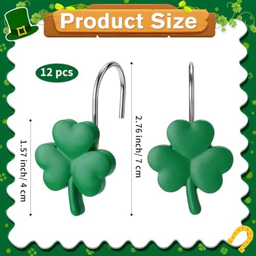 Thyle 12 Pcs St Patrick's Day Shamrock Shower Curtain Hooks, Green Shamrock Resin Ornament Rings Clover Shower Curtain Hooks Irish Decorative for Bathroom Bedroom Accessories