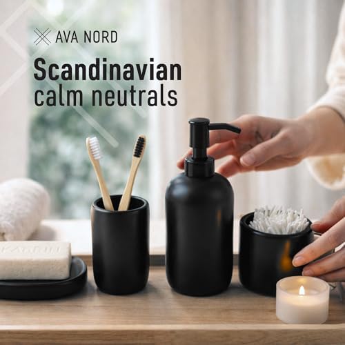 Ava Nord Modern Minimalist Ceramic Bathroom Accessories | Set of 4 | Black