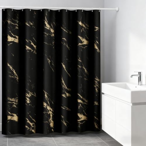 Black and Gold Shower Curtain 72 x 78 Inch, Extra Long Black Marble Shower Curtain, Modern Fabric Shower Curtains for Bathroom, Water Resistant Bath Curtain Set with Hooks, Black Gold Texture