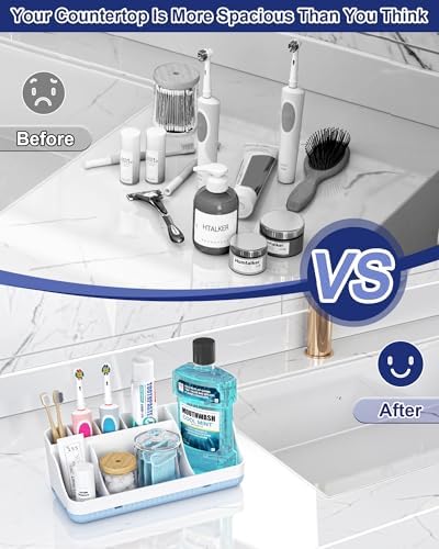 Bathroom Counter Organizer and Storage, 7 Slots Detachable Toothbrush Holders for Bathrooms, Anti-Slip Electric Toothbrush and Toothpaste Holder Countertop Vanity Organizer Accessories for Adults Kids